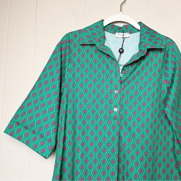 Margot Paris NWT Popover Dress Small 100% cotton green geometric print mod boxy - Picture 4 of 11